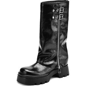 Women's Chunky Slouchy Fold Over Wide Calf Fashion Buckle Black Knee High Boots